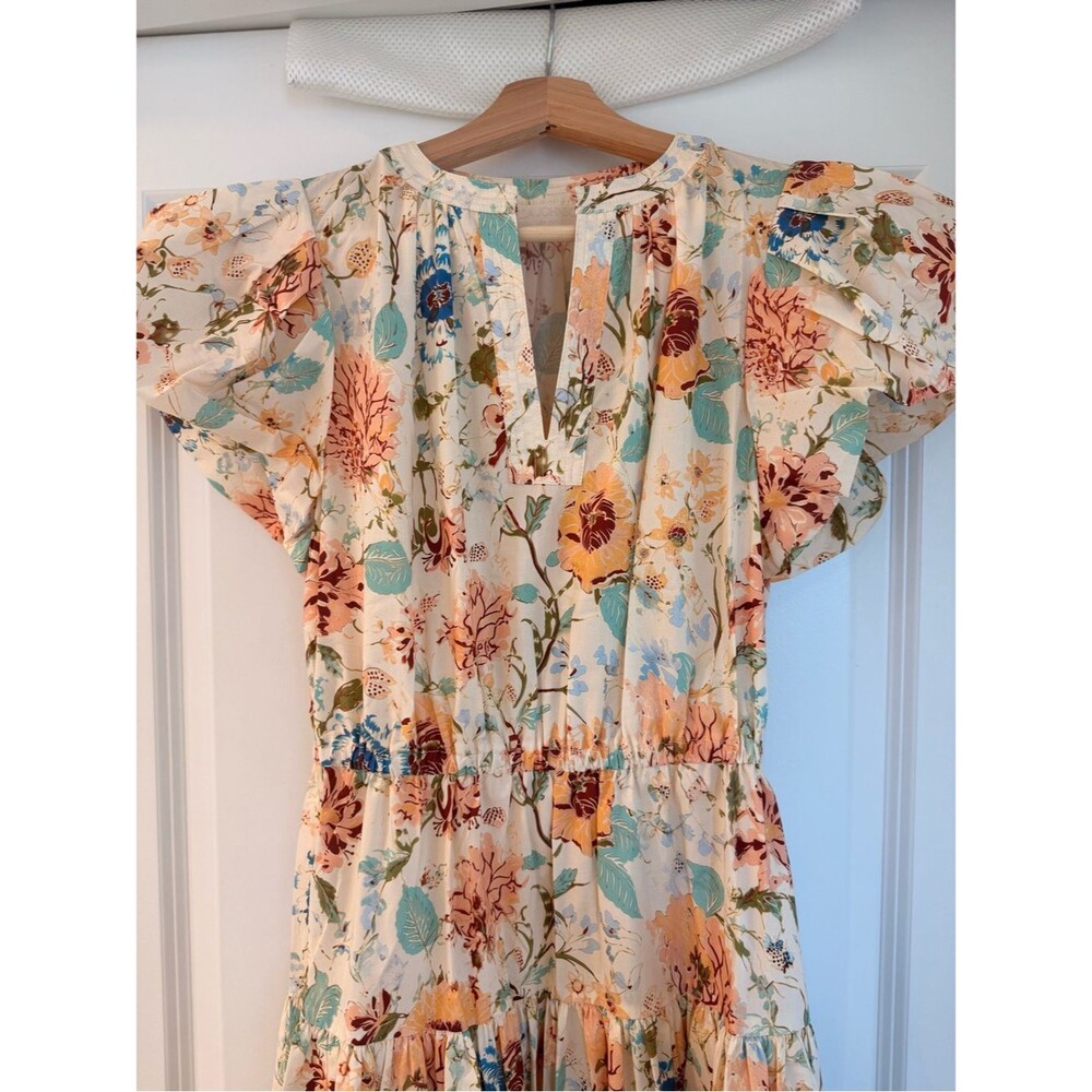 New ULLA JOHNSON Marin Cotton Floral Multicolor Pleated Ruffle-Sleeve Midi Dress - Picture 9 of 13